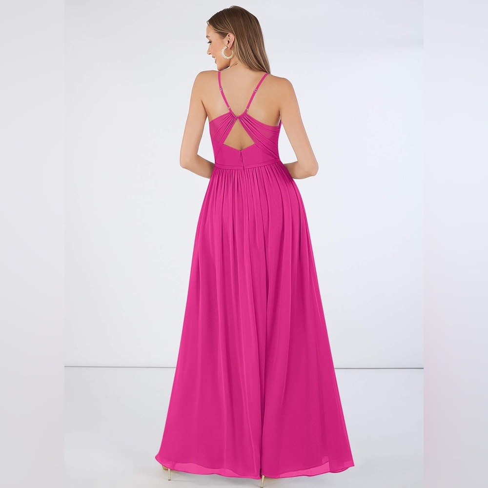 Azazie - Dominic - A-Line Pleated Chiffon Floor-Length Dress - Fuchsia - 4 - EUC